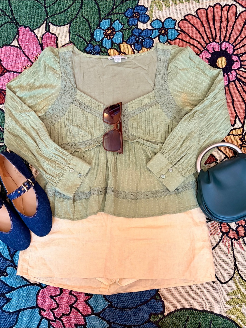 American Eagle Outfitters Sage Green Lace-Trim Peasant Top